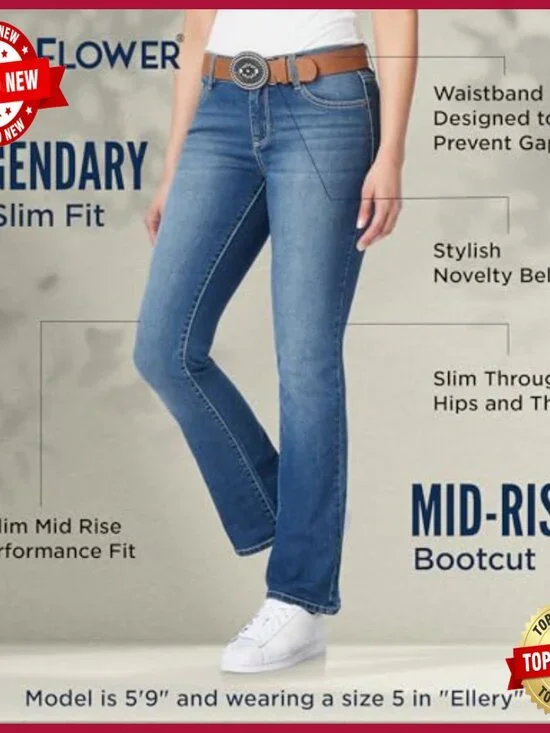 Bootcut Mid-Rise Stretch Jeans with Belt, Standard & Plus Sizes - Picture 4 of 7